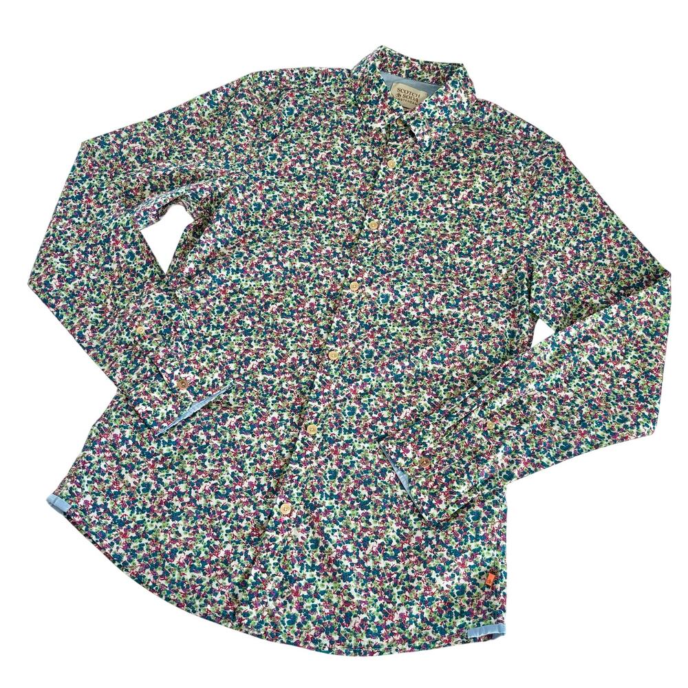 Scotch & Soda Men's White Multicolor Floral Print Slim Fit Button Up Shirt Small